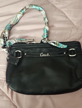 Coach Black Leather Mini Shoulder Bag with Patterned Scarf Handle (Peeling)